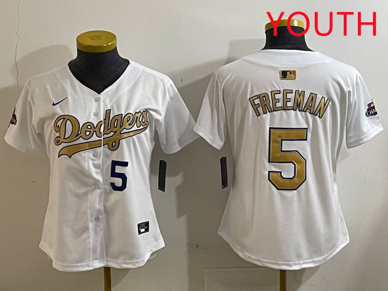 Youth Los Angeles Dodgers 5 Freeman White Champion gold character 2025 Nike MLB Jersey style 4121